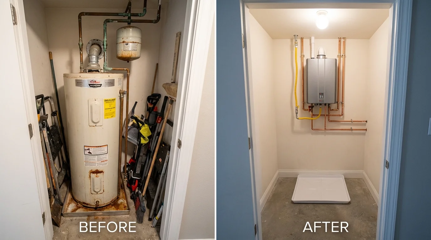Tank water heater versus wall-mounted tankless unit comparison for Arlington, MA homeowners