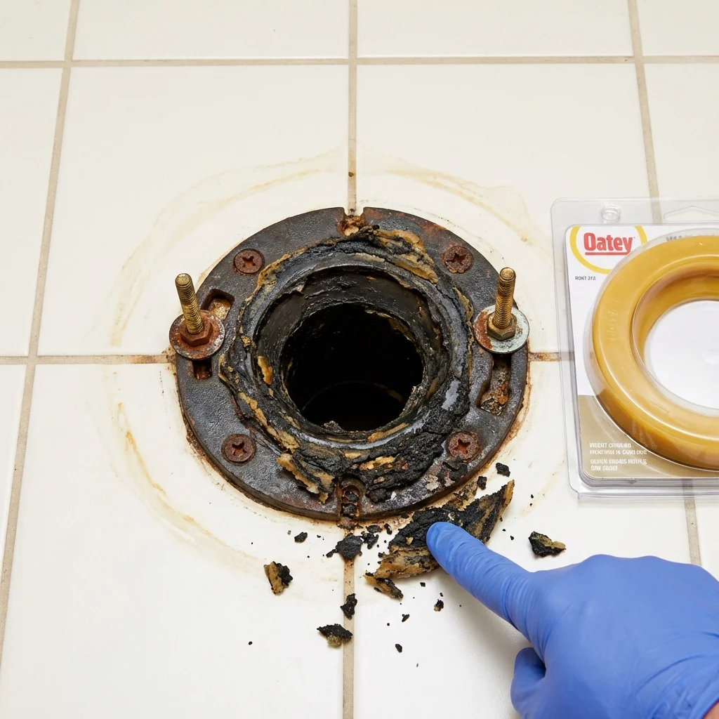 Failed wax ring showing water seepage at the base of a toilet in a Arlington, MA home