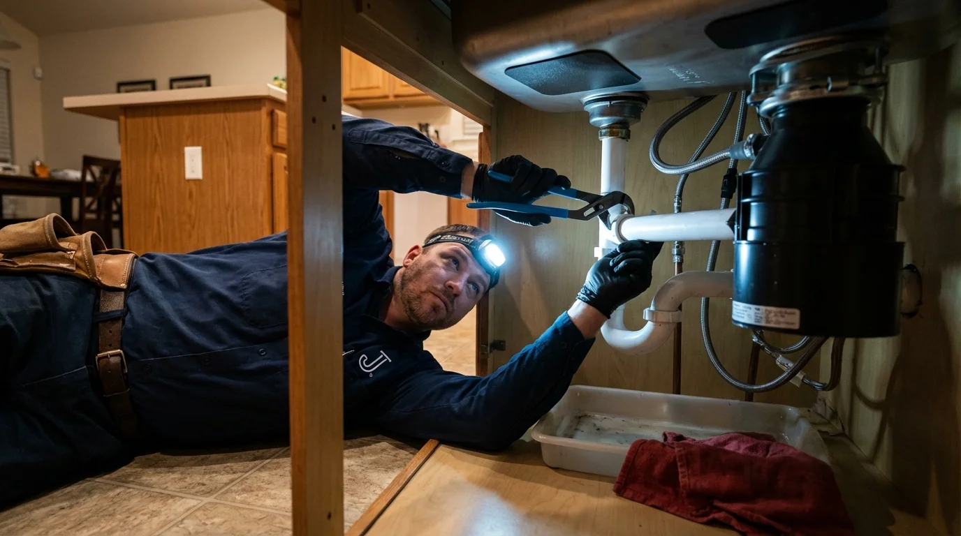 P-trap and supply line connections under a kitchen sink showing a common leak point in Arlington, MA